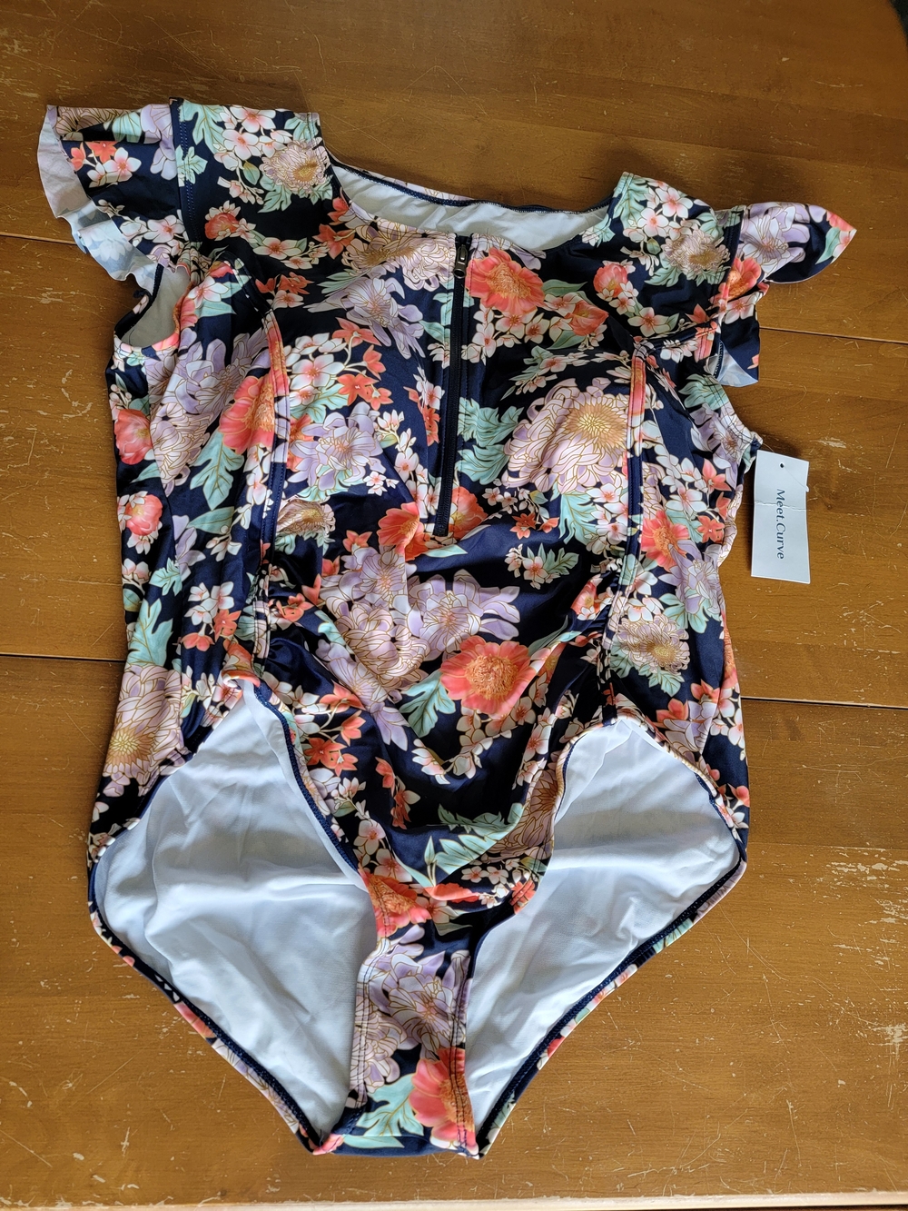 Floral One-Piece Zip Front Swimsuit - Navy with Floral Pattern Size 4X NWT - Picture 3 of 11